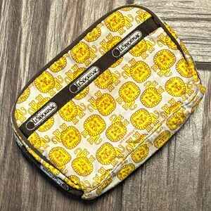 Y2K LeSportsac Yellow Lion Print Cosmetic Pouch with Brown Trim